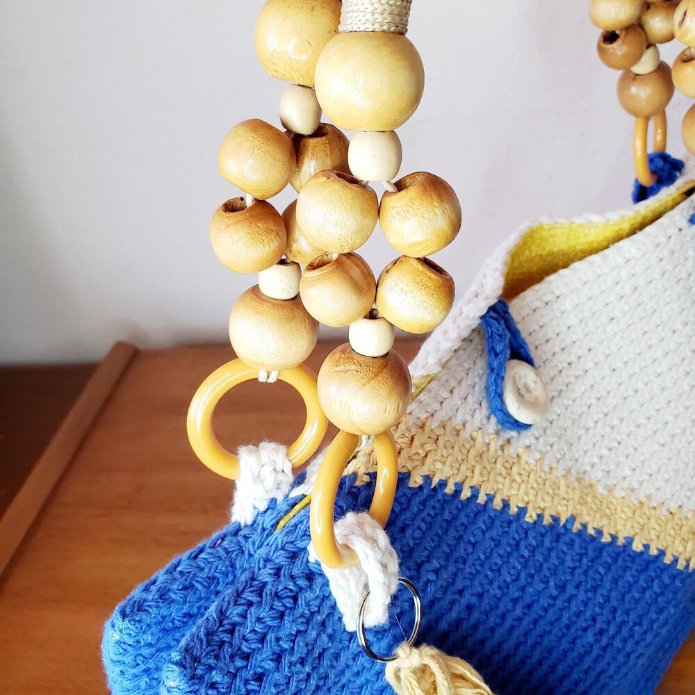 Handmade Knit Crochet Purse Hand Bag Summer Blue White Casual Beach Tiki - Picture 8 of 12